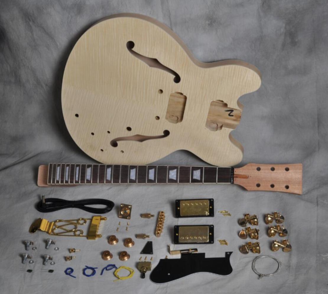 

High quality DIY Semi Hollow Electric Guitar Kit with Double F Holes Flamed Maple Top Mahogany Neck Rosewood Fingerboard 22 Fret7720810