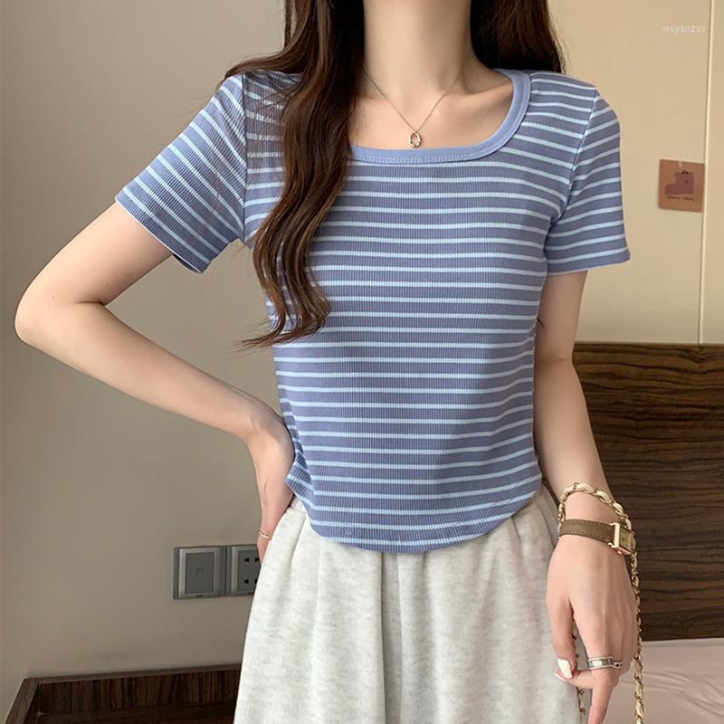 

Women' T Shirts Short Striped Shirt Women Cotton Sleeve Tee Femme Korean Fashion Womens Clothing T-Shirt Summer Crop Top Camisetas, Black