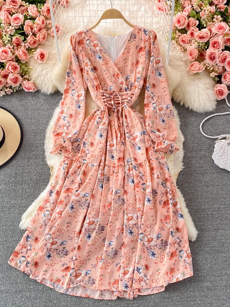 

Casual Dresses Spring Autumn Women Floral Chiffon Midi Dress Vintage V-Neck Flare Long Sleeve High Waist A-Line Vestidos Female Fashion, Floral 6