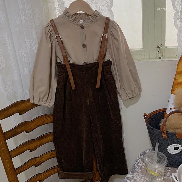 

Clothing Sets Girls Blouses Suspenders Suit 2023 Children Vintage For Little Fashion, Dark brown