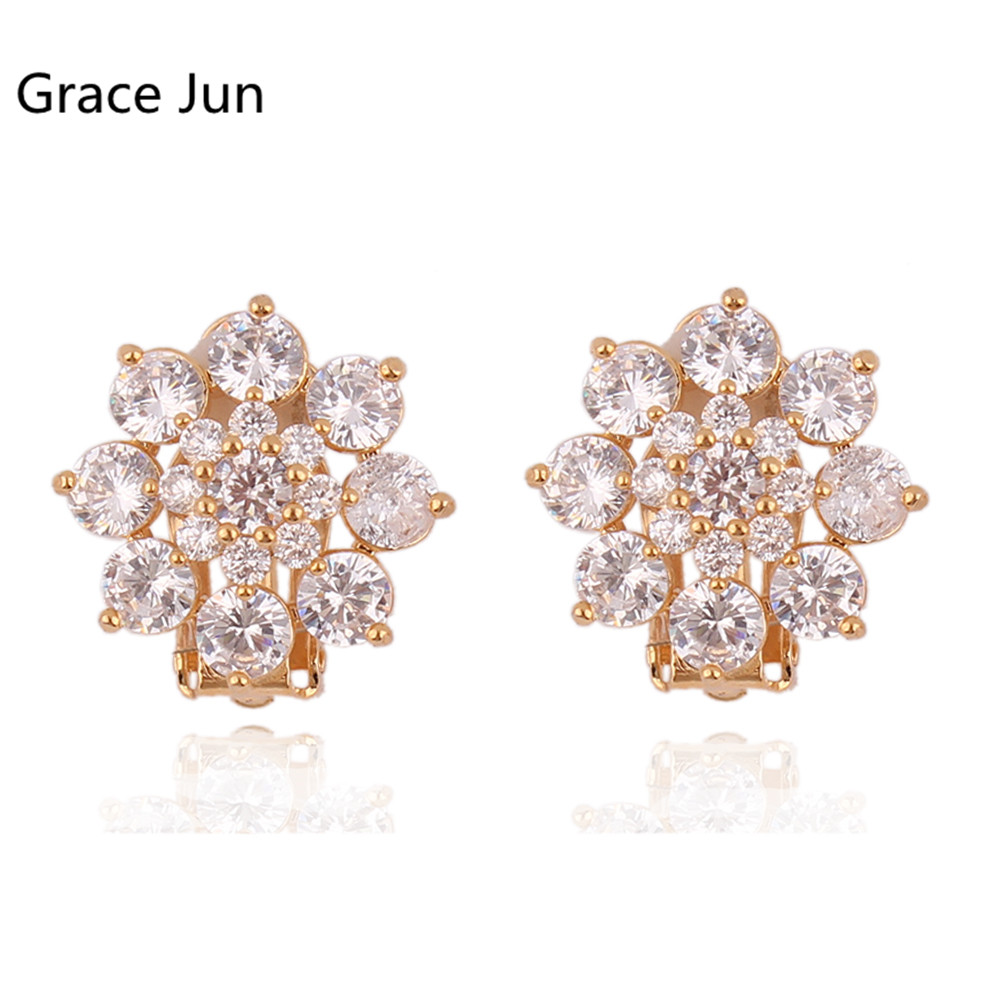 

Grace Jun New Arrival AAA Cubic Zircon Flower Shape Clip on Earrings for Women Bride Wedding Elegant No Hole Earrings No Allergy