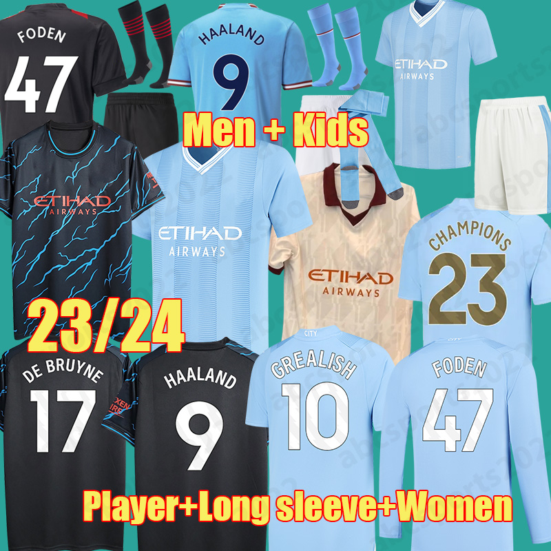 

HAALAND soccer jerseyS 23 24 DE BRUYNE Player MANS CITIES Women MAHREZ YTIC MANCHESTERS CITYES 2023 2024 blue moon long sleeve FODEN football shirts men girl kids Kit, Kids away socks