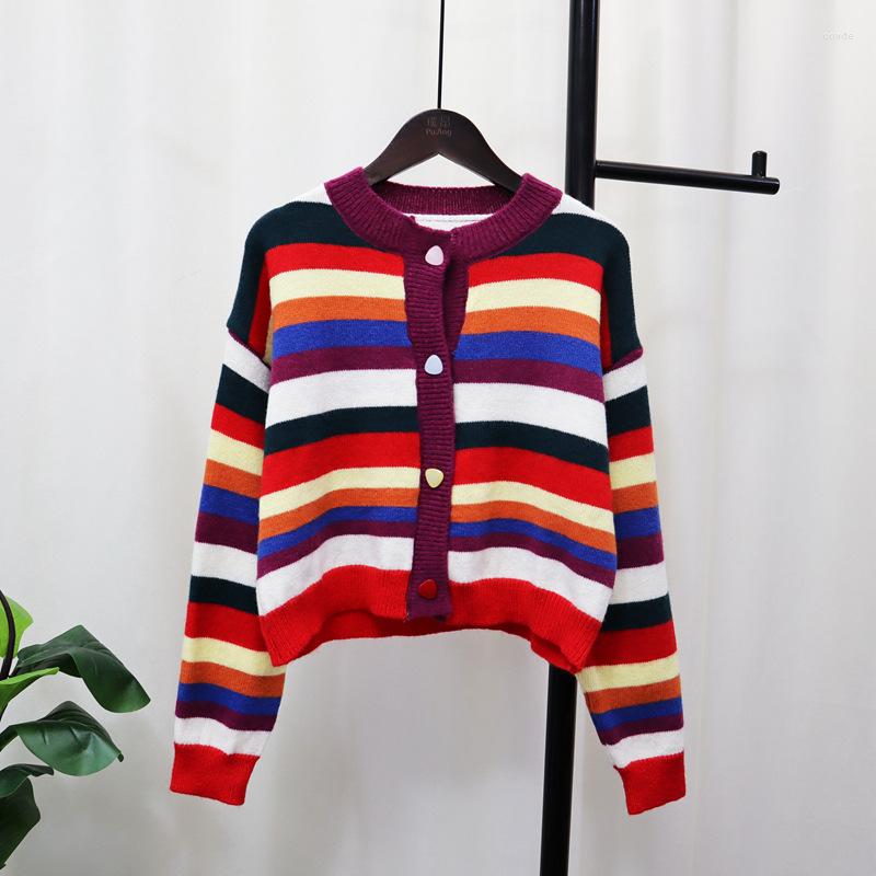 

Women's Knits Vintage Colorful Striped Fashion Women Cardigans Sweater Full Sleeves Hip Hop Lady Coat Jumpers Clothing