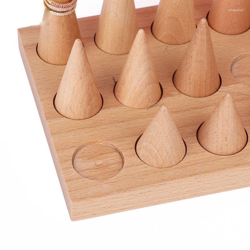 

Jewelry Pouches Natural Wood Cone Shape Finger Ring Stand Display Holder Showcase Stands Rings Bracelet Tray