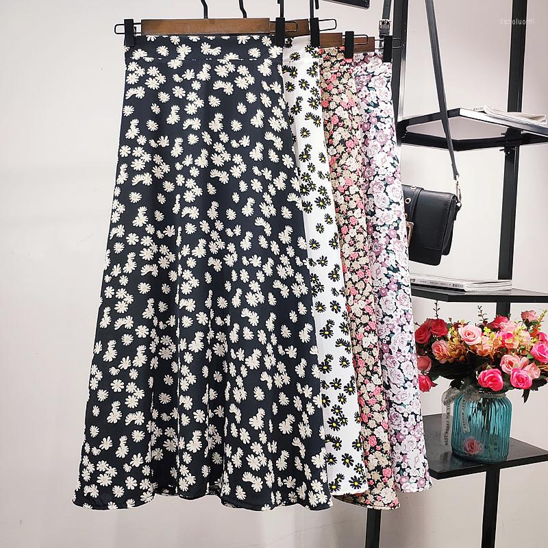 

Skirts Spring Summer Floral Printed White Black Daisy A-line Long Chiffon