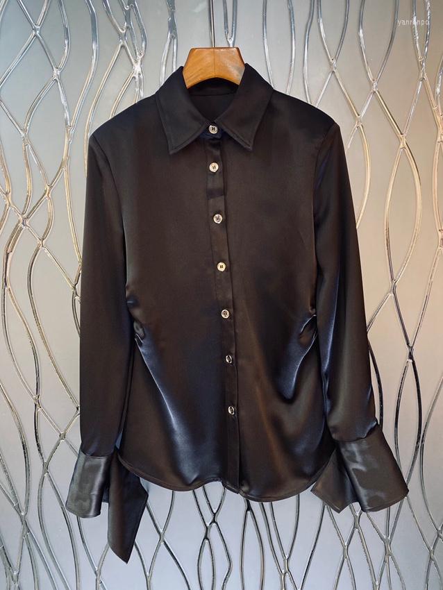 

Women' Blouses 2023 Women Fashion Long Sleeves Sexy Casual Glossy Side Pleats Solid Color Simple Top Shirt 0312