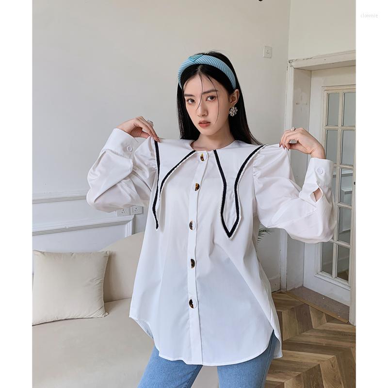 

Women' Blouses Spring Women' Clothing White Blouse French Simplicity Polo Collarr Long Sleeves Baggy Tops Broken Flowers Vest Vintage, Shirt