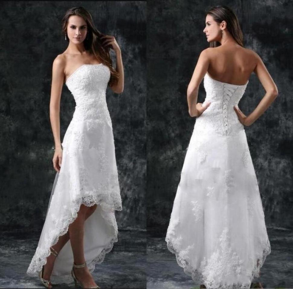 

Beach High Low Full Lace A Line Wedding Dresses 2020 Strapless Appliques Short Formal Laceup Back Vestidos Bridal Gowns9684636, Ivory