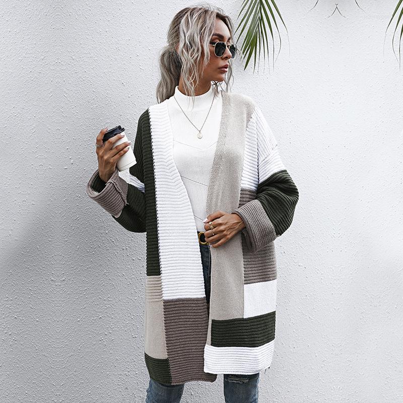

Women' Knits Autumn Winter Women Cardigan Sweaters Long Coat V-Neck Sleeve Patchwork Color Knitted Sweater Fashion Outerwear, Army green