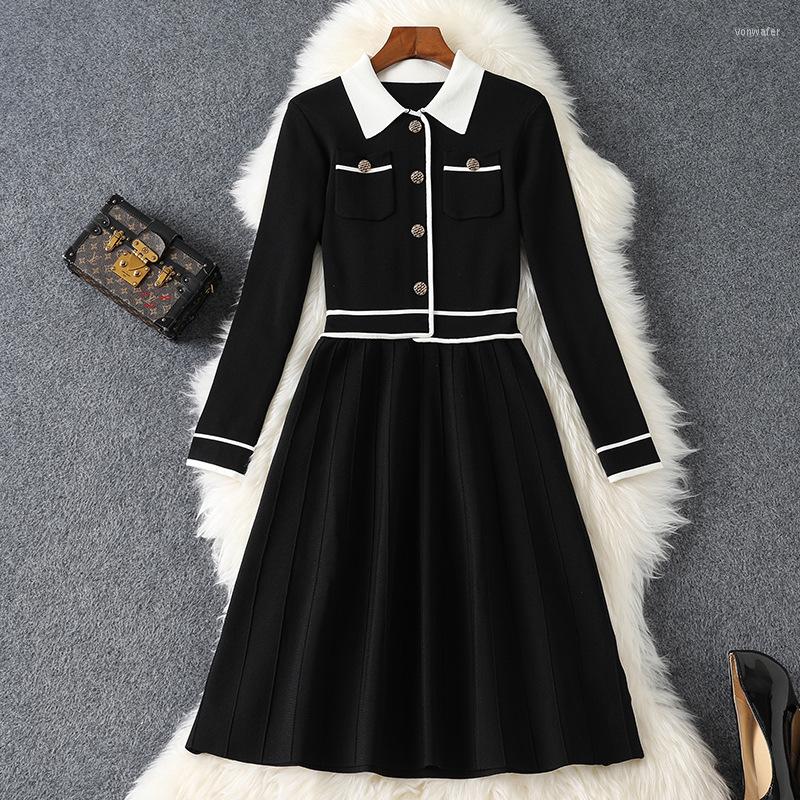 

Casual Dresses A-line Knitted Dress Woman 2023 Autumn Winter Fashion Turn Down Collar Long Sleeve Slim Waist Elegant Sweater Party, Black style 2