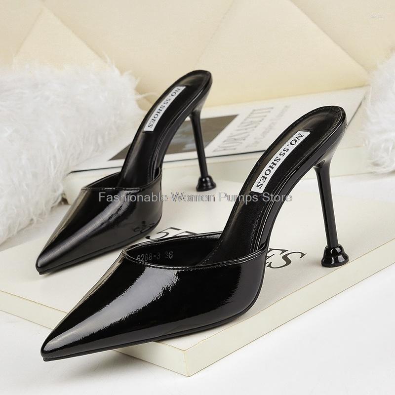 

Slippers Sexy Women Shallow Thin High Heels 9.5cm OL Flip Flops Office Ladiese Casual Shoes Pointed Toe Famale Summer, Apricot