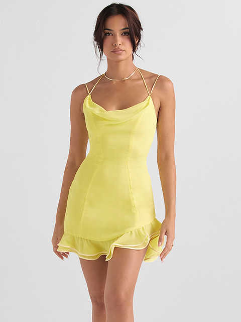 

High Quality Light Beach Robe Sleeveless Mini Dress Chic Ruffles Chiffon 2022 Summer Party Yellow Dress For Women