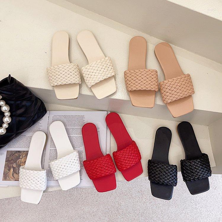 

Slippers Size 42 Women Square Toe Flat Beach Sandals Women's Casual Flip Flops Woman Weave Shoes Ladies Female Slides Fashion Slipper, Black
