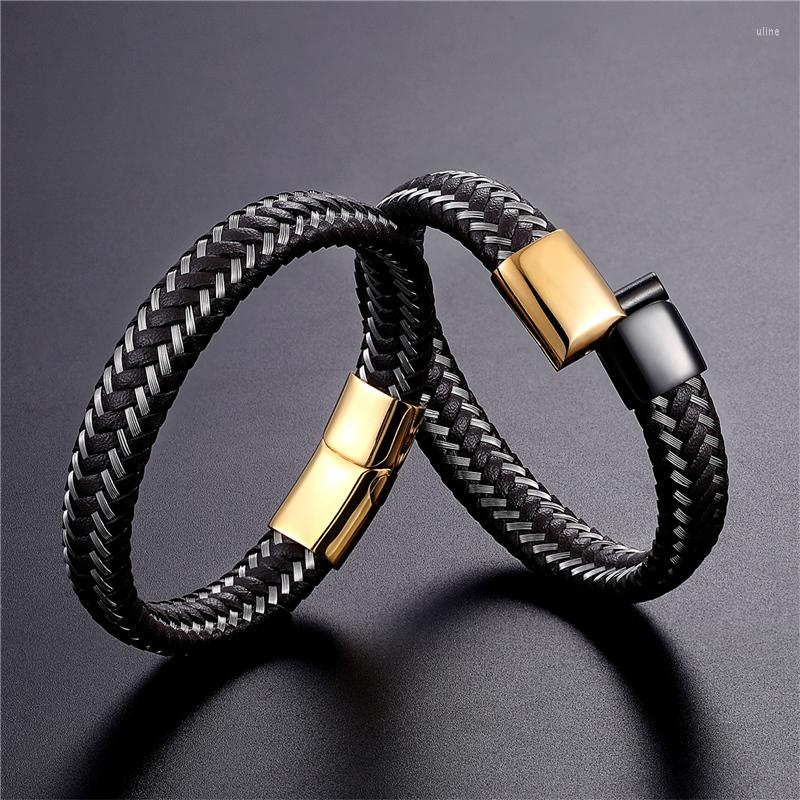 

Link Bracelets Fashion Brand Bracelet Braid Genuine Leather Stainless Steel Men Women Bangle Black/Brown/Blue Color Optional