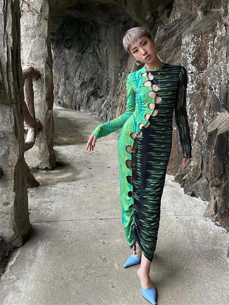 

Casual Dresses WJFZQM Tie Dye Print Sexy For Women Patchwork Hollow Out Bandage Long Sleeve Bodycon Dress Ladies Club, Green