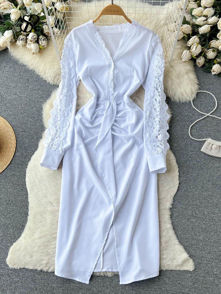 

Casual Dresses SINGREINY Fashion Office Lady Sexy Party Dress Women V Neck Sheath Midi Long Split 2023 Spring Retro Solid Splices Evening, White