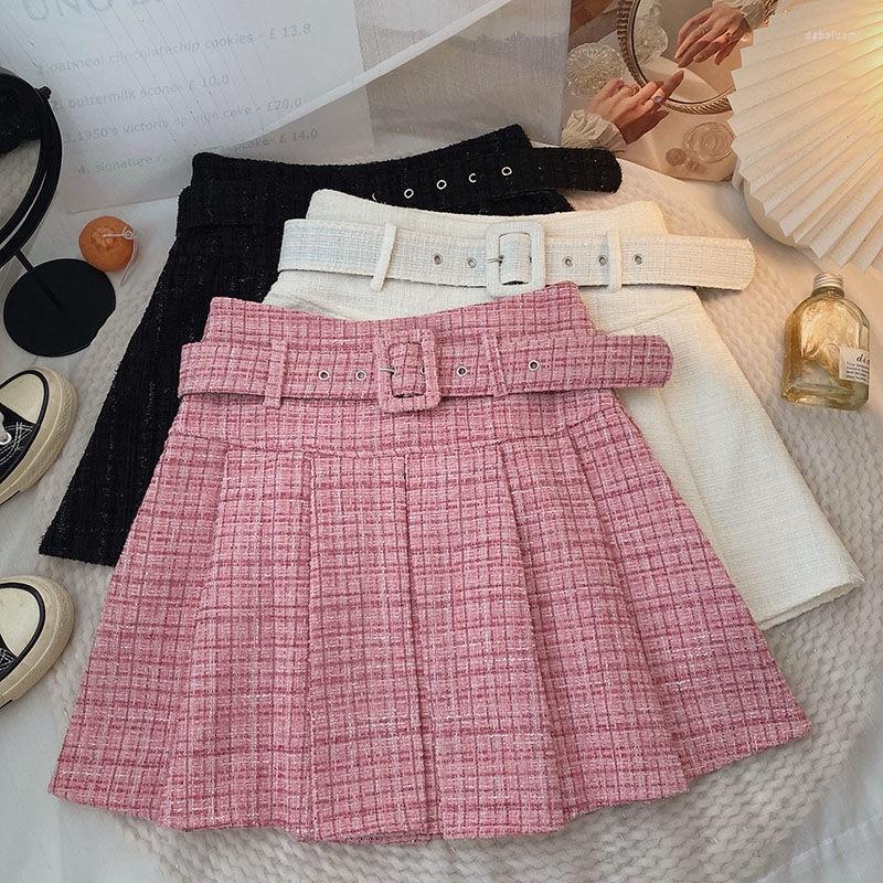 

Skirts Korean Style Pink Pleated Women's Autumn College Tweed Fashion Belt High Waist Mini A-line Short