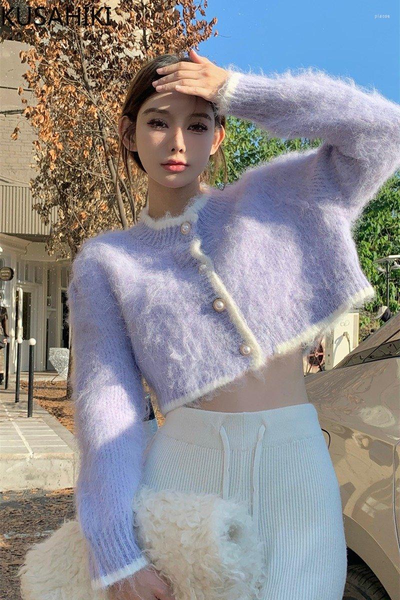 

Women's Knits KUSAHIKI Hit Color High Waist Short Cardigan Sweater Korean Long Sleeve Single Breasted O-neck Coat 2023 Autumn Knitwear Top, Apricot