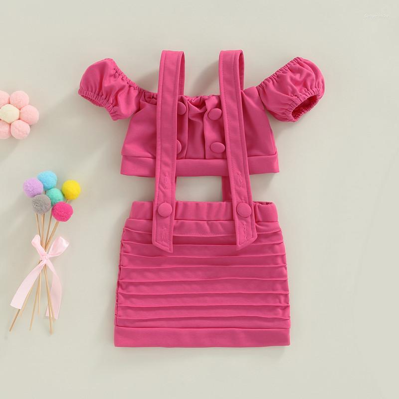 

Clothing Sets Little Girls 2PCS Skirt Outfits Plain Buttons Short Sleeve Off-Shoulder Crop Camisole Adjustable Suspender