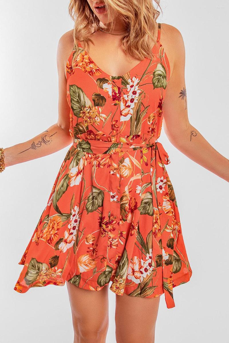 

Casual Dresses Orange Sleeveless A-line Floral Dress For Women, As shown