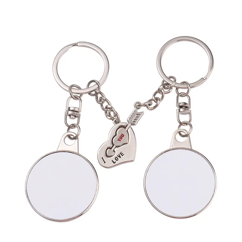 Sublimate Blank Couple Keychain Heat Transfer Printing Round Heart Keychain Pendant DIY Gift Keyring