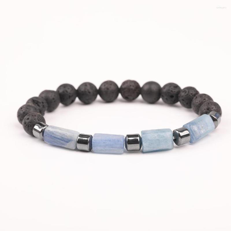 

Charm Bracelets Natural Blue Kyanite Stone Chunky Beads Silvery Iron Black Lava 8mm Elastic String Bracelet Jewelry N0377JBG.E