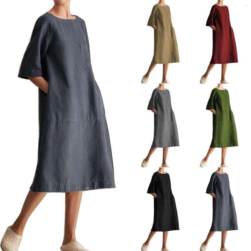 

Casual Dresses Women'S Fashion Loose Dress Crew Neck Mid Sleeve Linen Pocket, Gy2