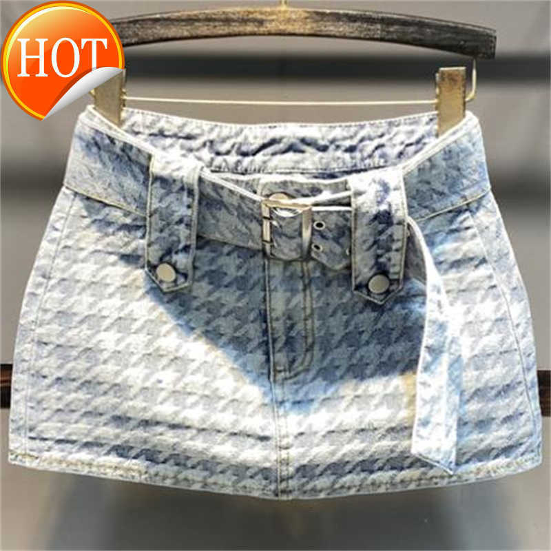 

Summer New Houndstooth Retro Denim Women's Sexy Mini Short A-line skirt, Sky blue