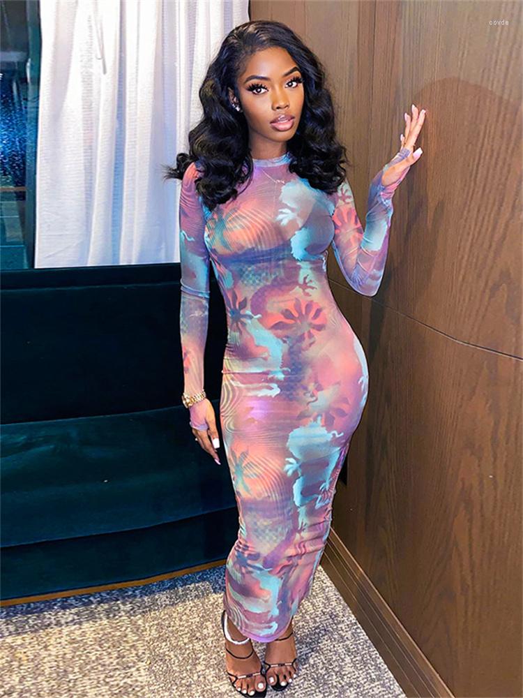 

Casual Dresses WJFZQM Sexy See Through Mesh Dress Floral Print Long Sleeve Party Club Streetwear Bodycon Y2K Clothes 2023 Summer, Multi