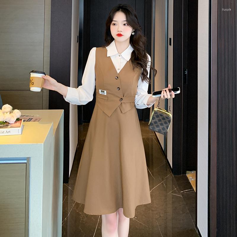 

Casual Dresses 2023 Spring Women Long Sleeve Label Fake Two Pieces Slim Bodycon Korean Elegant Work Wear, Black dress