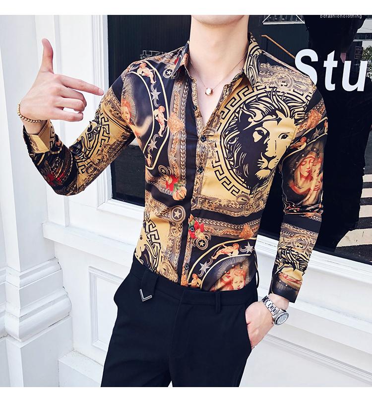 

Men's Casual Shirts Men's Vintage Printed Long-sleeved Shirt Oversized Brand Clothing Fashion Slimming Social Tuxedo Party, 513-2721black