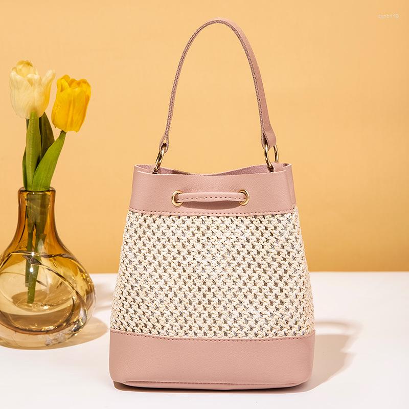 

Evening Bags Crossbody Bag High-capacity Bucket Shaped Candy Colored Drawstring Fashion Straw Woven Commuting Shoulder Girl Style, Black