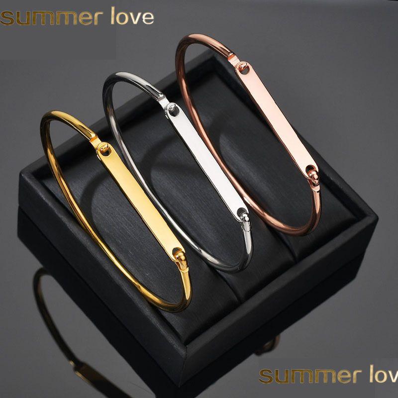 

Charm Bracelets Personalize Engraved Bracelet Plating Gold Diy Initial Name Bar Bangle For Lady Women Stainless Steel M Drop Deliver Dhcos