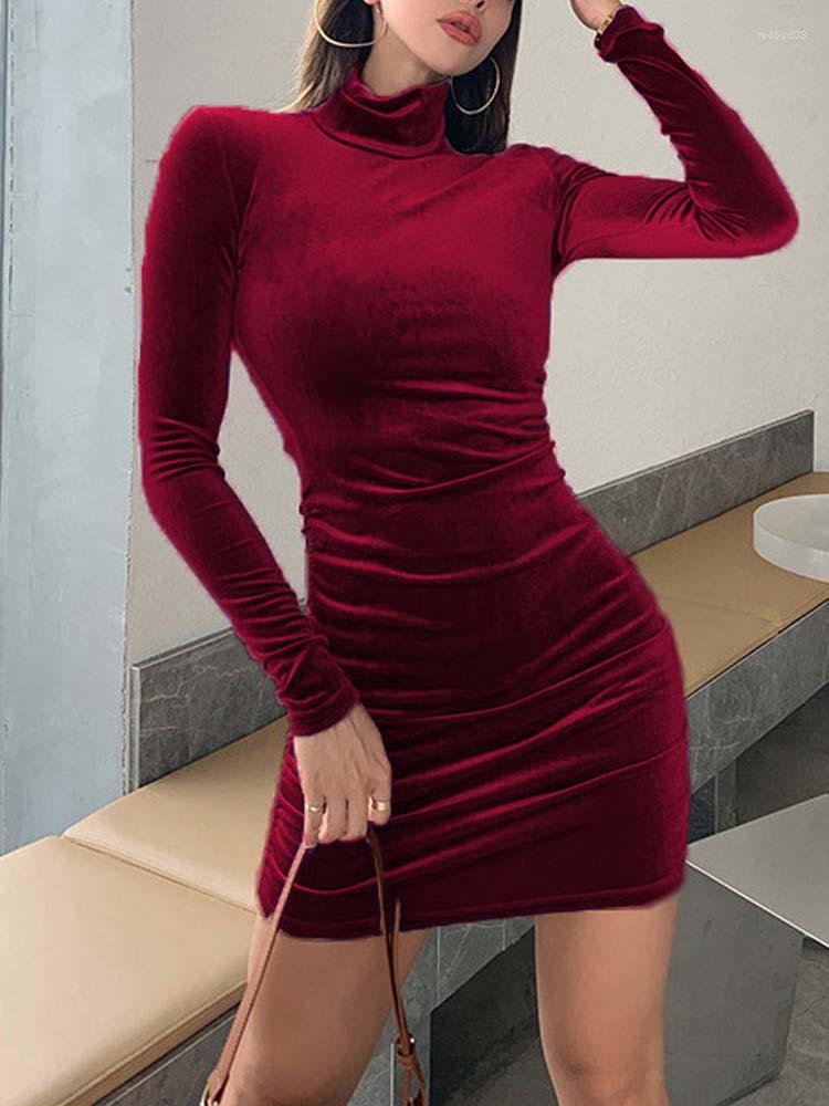 

Casual Dresses 2023 Autumn Winter Short Velvet Dress Women Long Sleeve Slim Party Bodycon Turtleneck Ladies XXXL, Pink