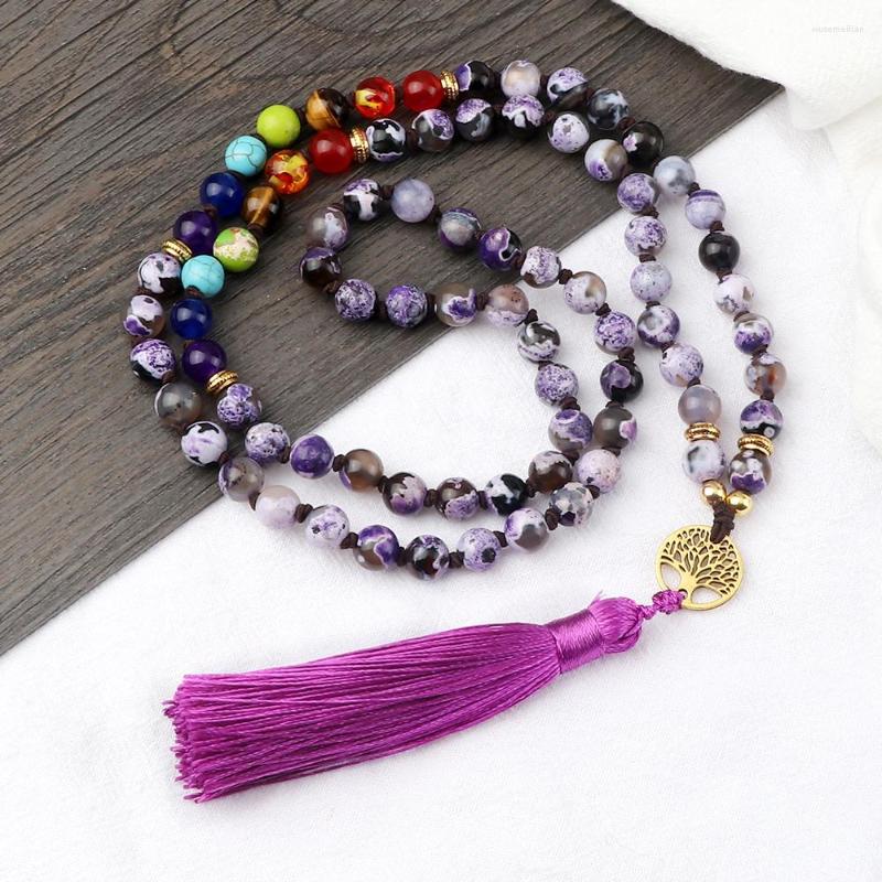 

Pendant Necklaces Charm Purple Fire Agate Onyx Bead Multilayer Bracelet Prayer Meditation Tassel Necklace Women Chakra Yoga Bangle Jewelry