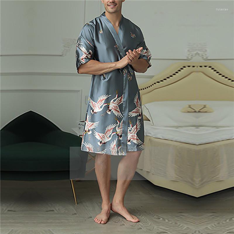 

Men's Sleepwear Men's Medium Length Printed Silk Nightgown Bridegroom's Sexy Mens Designer Pajamas For Men Bathrobe Slpwear -3XL, Dark gray