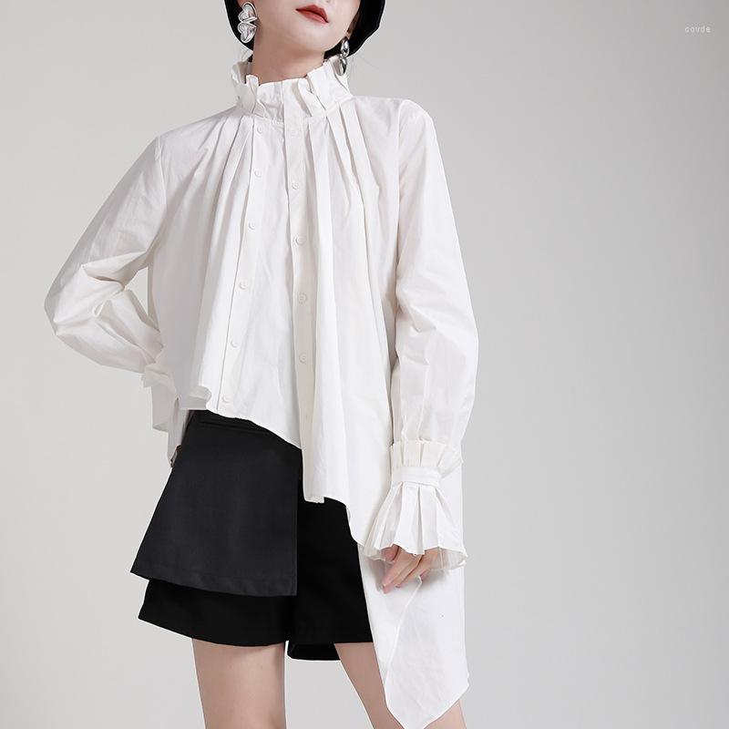 

Women's Blouses 2023 Autumn And Winter Stand-up Collar Drawn Pleated Irregular White Long-sleeved Shirt Loose Mid-length