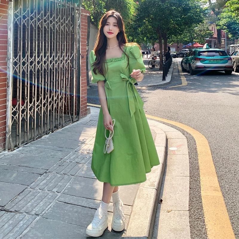 

Party Dresses Bow Tie Square Neck Dress Female Spring And Summer 2023 Korean Version Of Avocado Green Waist Slimming Woman, Long