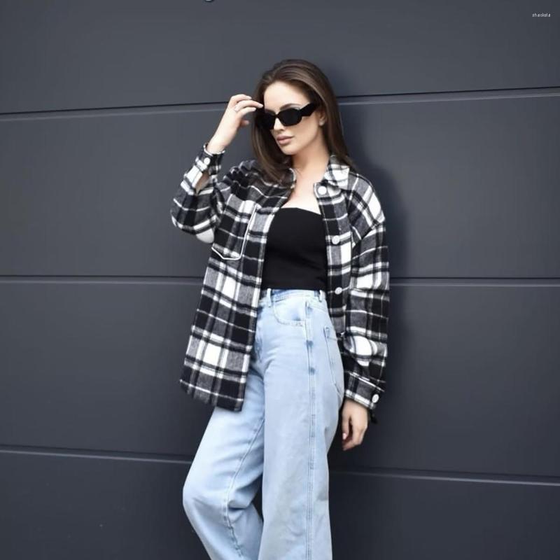 

Women' Blouses Fashion Women' European And American High Quality Spring/Summer Relaxed Black White Plaid Diamond Button Shirt