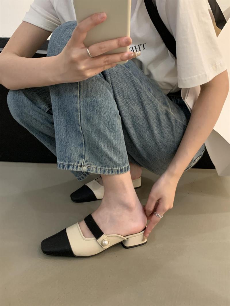 

Slippers Shoes String Bead Ladies' Cover Toe Low Slipers Women Loafers Female Mule Square Heel 2023 Mules Block PU Hoof Heels Sl