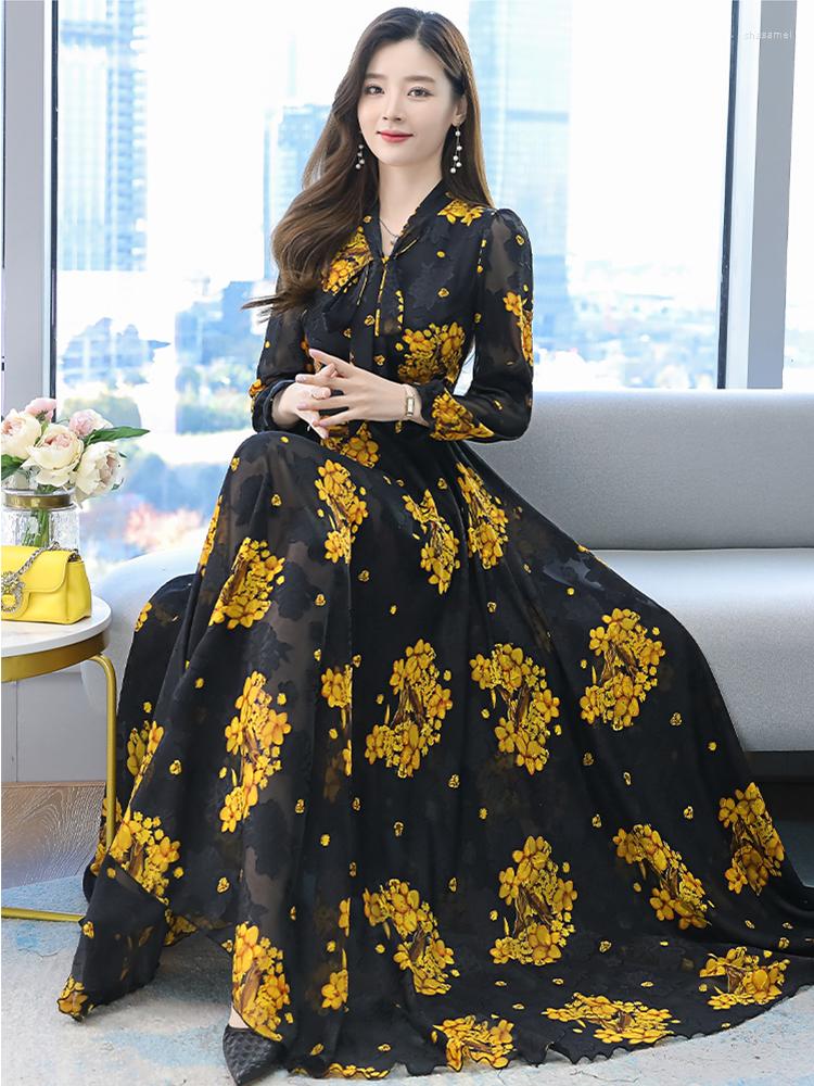 

Casual Dresses 2023 Spring Boho Chiffon Women Long Sleeve Dress Black Vintage Jacquard Midi Fashion Elegant Party Maxi Evening, Apricot
