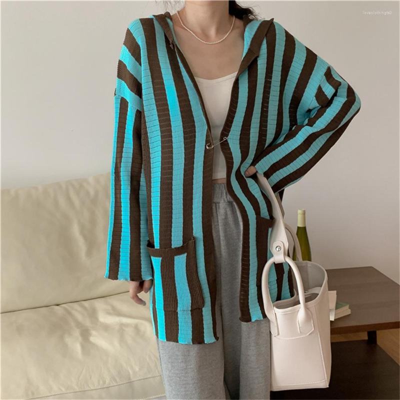 

Women's Knits PLAMTEE 2023 Autumn Hooded Cardigans Women Coats Elegant Oversize Fashion Knitted Loose Chic Office Lady Stripes Sweaters, Blue