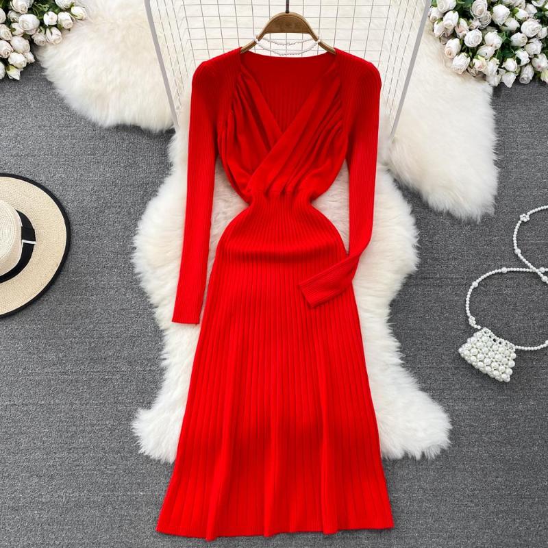 

Casual Dresses Women Chic V-neck Pleated Long Sleeve Sexy A-line Dress Vintage Criss-cross Fashion Birthday Party Knit Elegant Autumn, Pink
