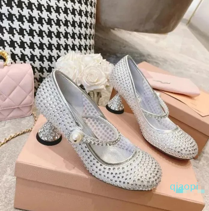 

2023-Diamond High Heels Mary Jane shoes Mesh breathable party Girls Pearl Crystal High Heels Vacation Sweet Elegant Princess Shoes