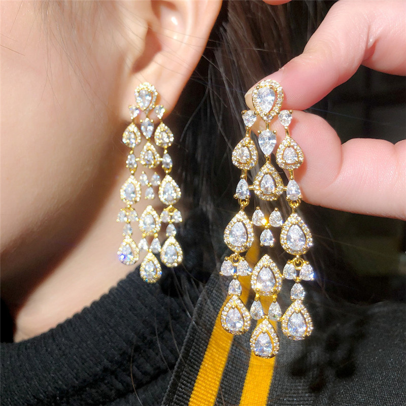 

Luxurious Long Tassel Gold Earring Designer for Woman Party Full AAA Cubic Zirconia Copper Diamond Silver Womens Bridal Wedding Earrings Jewelry Anniversary Gift