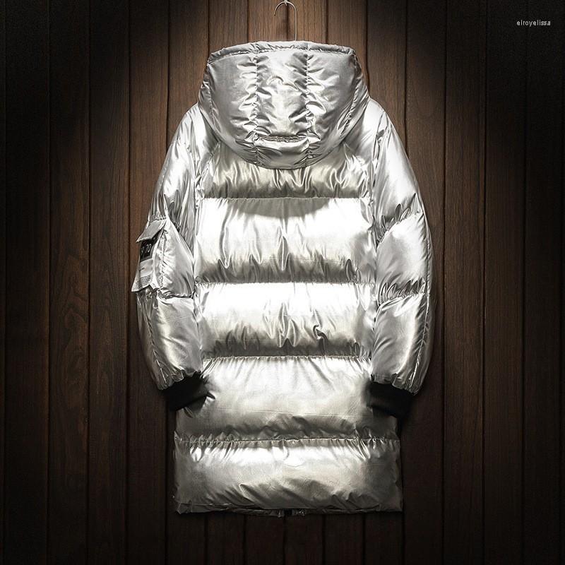 

Men's Down Korean Bright Plus Size Medium Length Cotton Parkas Fashion Winter Thick Long Sleeve Casual Loose Fit Male Hooded Coats, Silver