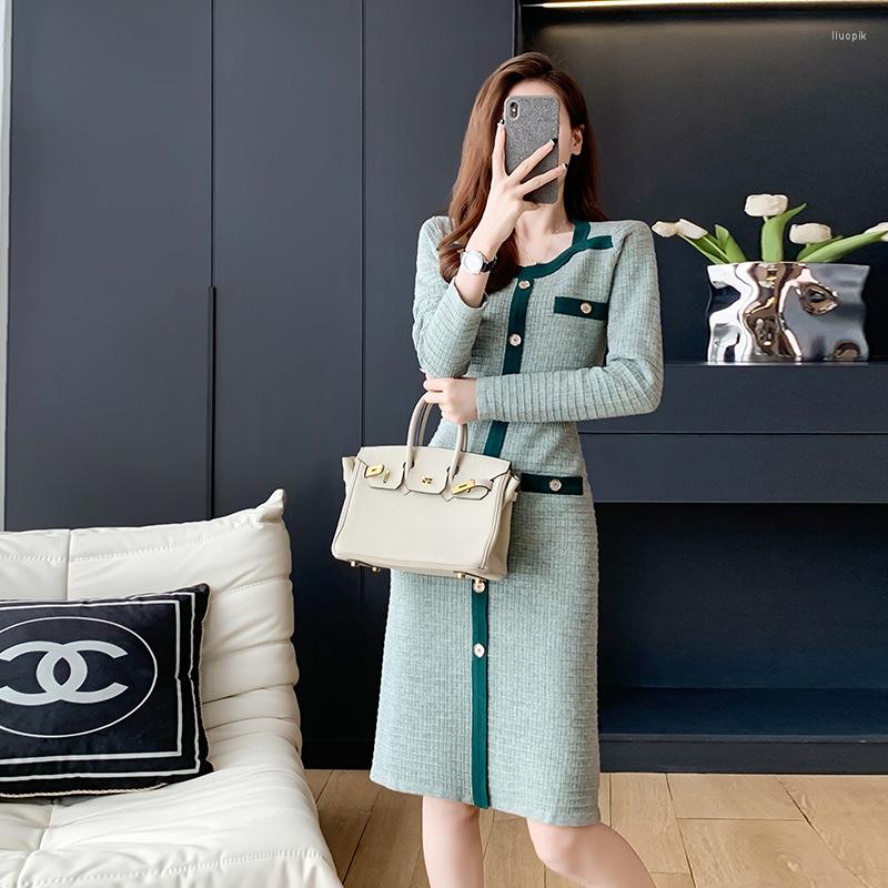 

Casual Dresses Women Bodycon Knitted Dress Single Breasted Long Sleeve Elegant Mid Length Slim Autumn Ladies Fashion A-line G299, Green
