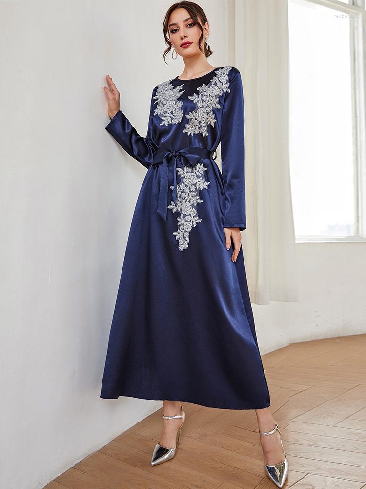 

Casual Dresses Women Elegant Maxi 2023 Autumn Winter Crew Neck Long Sleeve Embroidered Belted Turkish Evening Party Robe Vestido, Navy blue