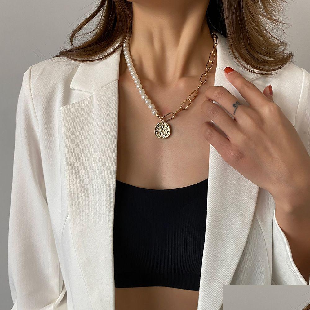 

Pendant Necklaces Punk Link Chain Necklace For Women Half Pearl Metal With Coin Drop Delivery Jewelry Pendants Dhuul
