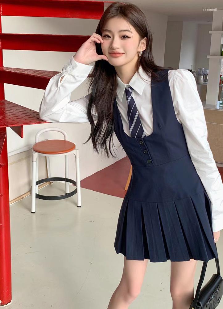 

Casual Dresses Spring And Summer School Of Wind Vest Tide Female Pleated Skirt Take A Shirt Dress, 2 sets